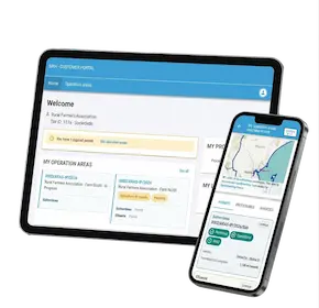 Customer portal mockup on tablet and smartphone showing operation areas and licenses