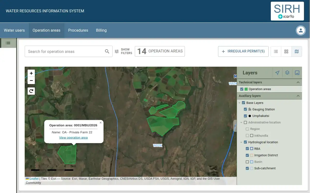 SIRH operation areas map with GIS layers and license overlays
