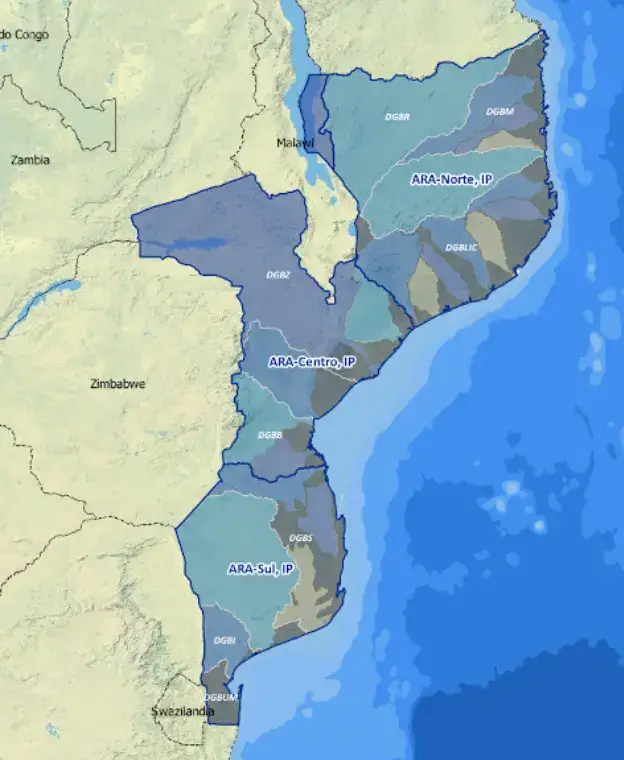 SIRH map interface showing operation areas in Mozambique